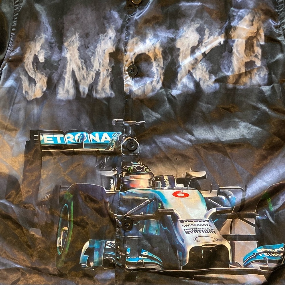 Copper Rivet Satin Men's Black Racing Graphic Shirt - thread pulls - Picture 6 of 12